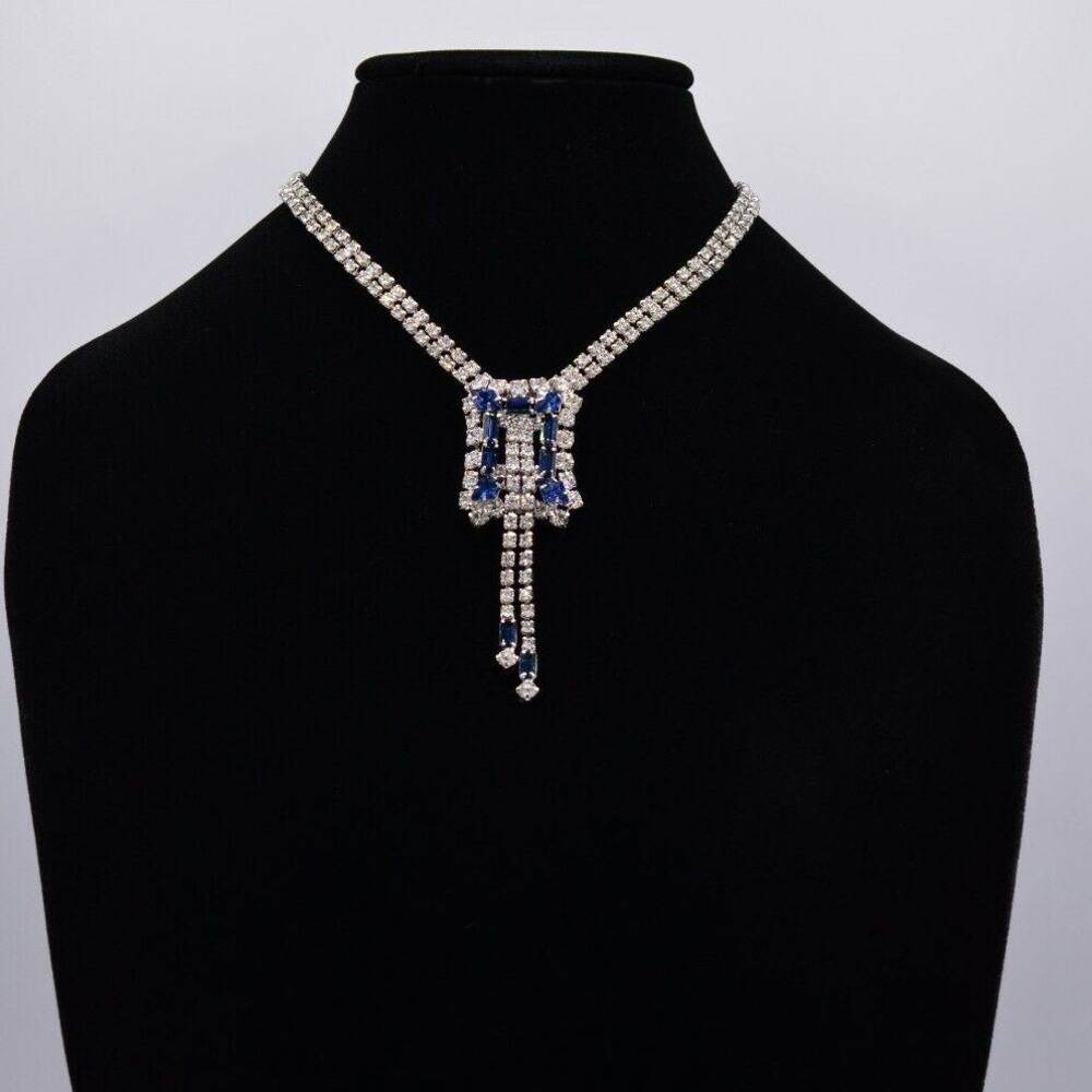 Vintage Crystal Collar Necklace Baguette Blue Prong Rhinestone Silver 1960s BinG